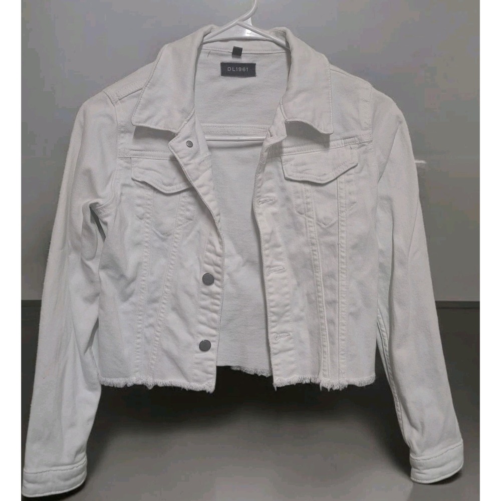 DL1961 White Cropped Denim Jacket Women's Medium Frayed Hem Stretch - Picture 1 of 6